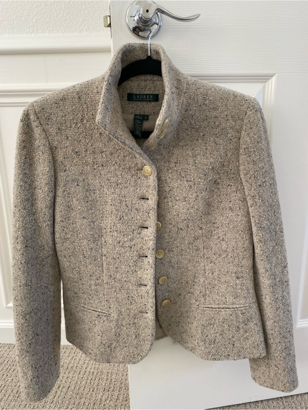 Ralph Lauren Oatmeal Tweed Stand-Collar Button Jacket